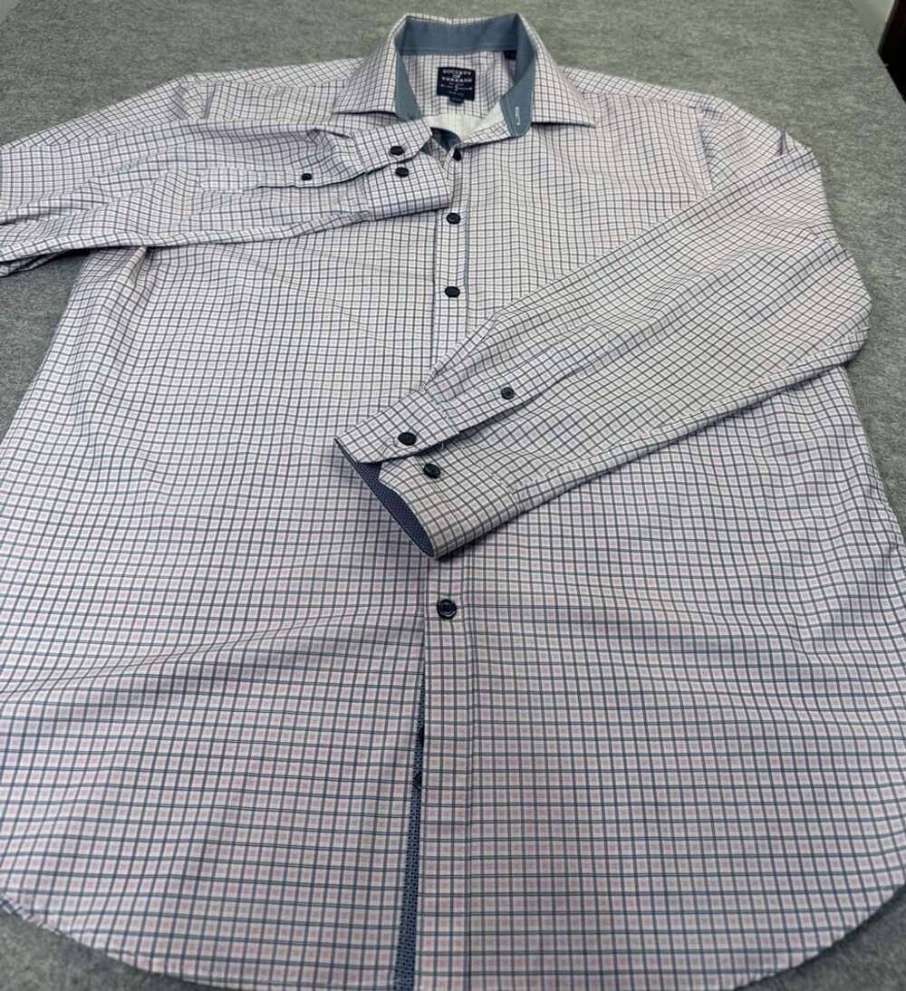 Society of Threads Slim Fit Dress Shirt Size L Plaid No Iron Stretch